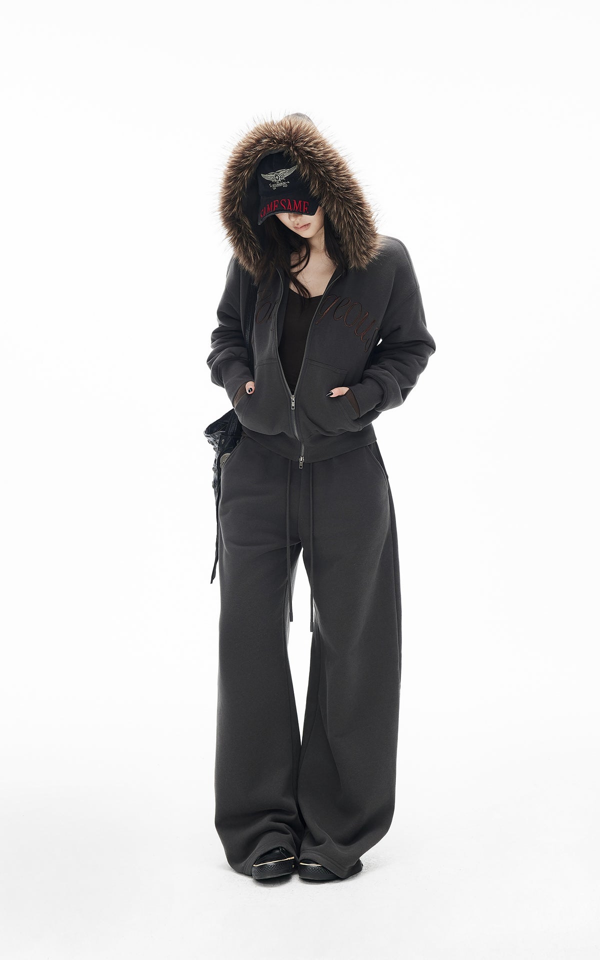 IAMXIAA Faux Fur Hooded Zip-Up Hoodie and Wide-Leg Sweatpants Set