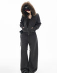 IAMXIAA Faux Fur Hooded Zip-Up Hoodie and Wide-Leg Sweatpants Set