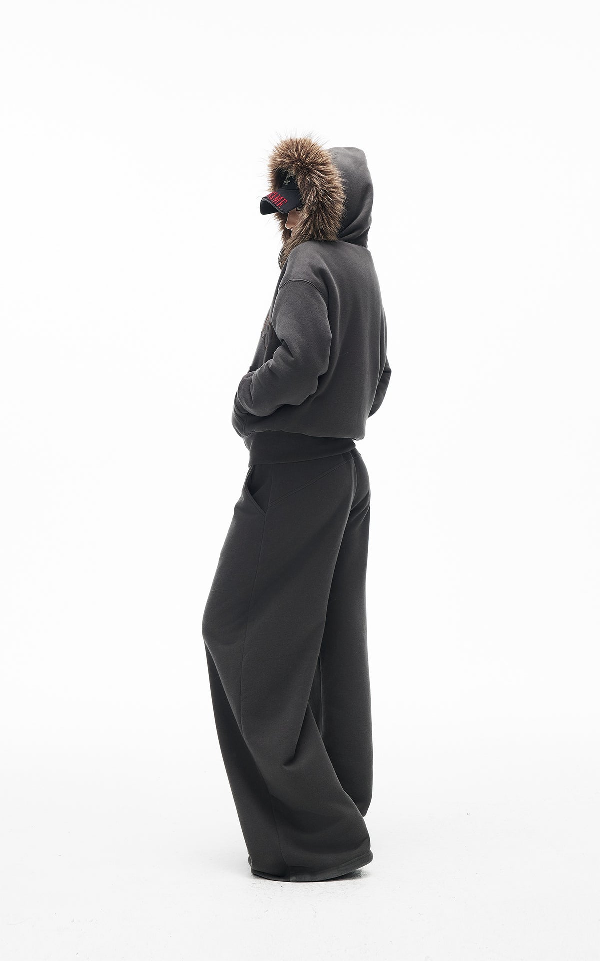 IAMXIAA Faux Fur Hooded Zip-Up Hoodie and Wide-Leg Sweatpants Set