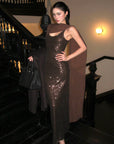 ROVENTE Robe longue à sequins avec écharpe drapée