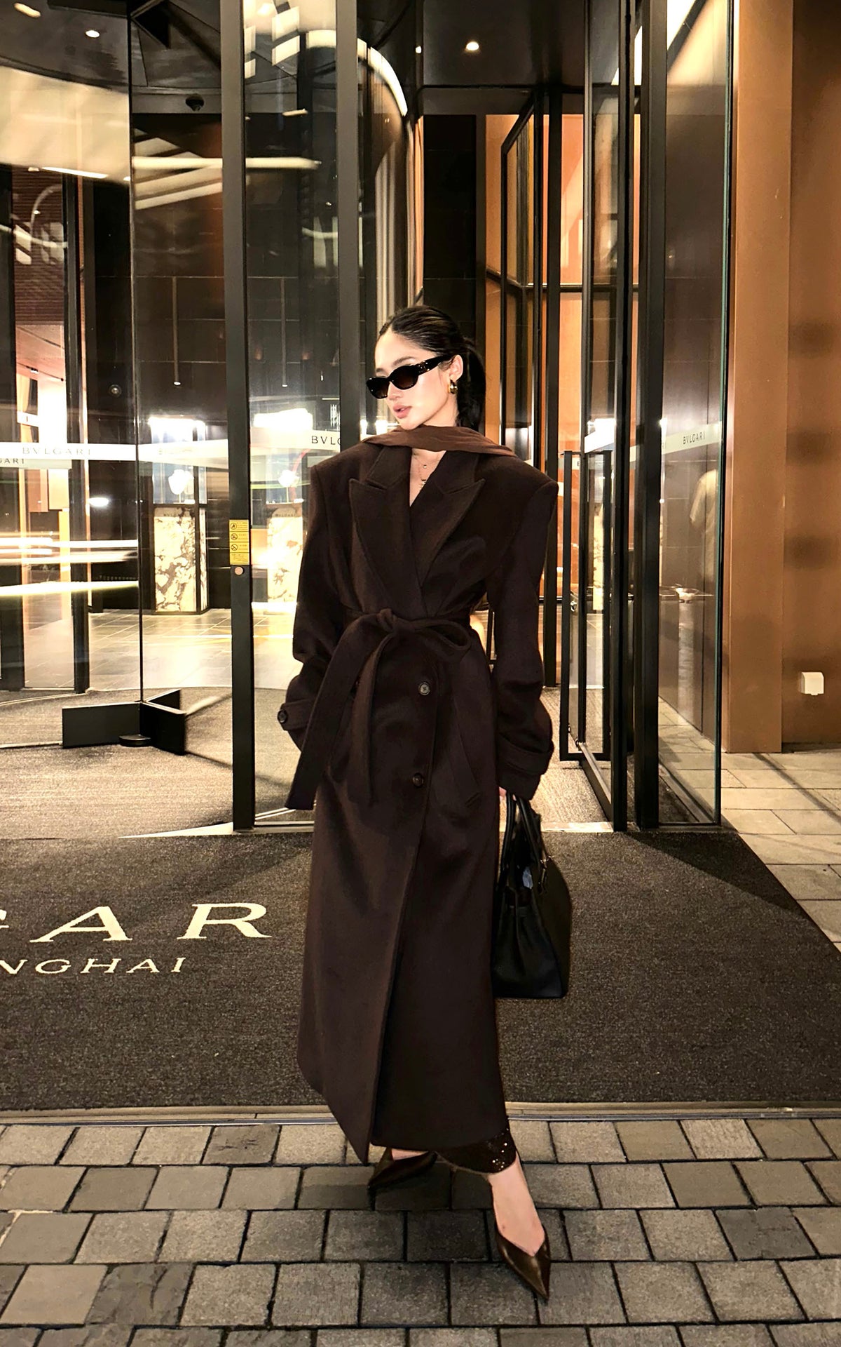 ROVENTE Manteau long maxi à double boutonnage et ceinture en mélange de laine
