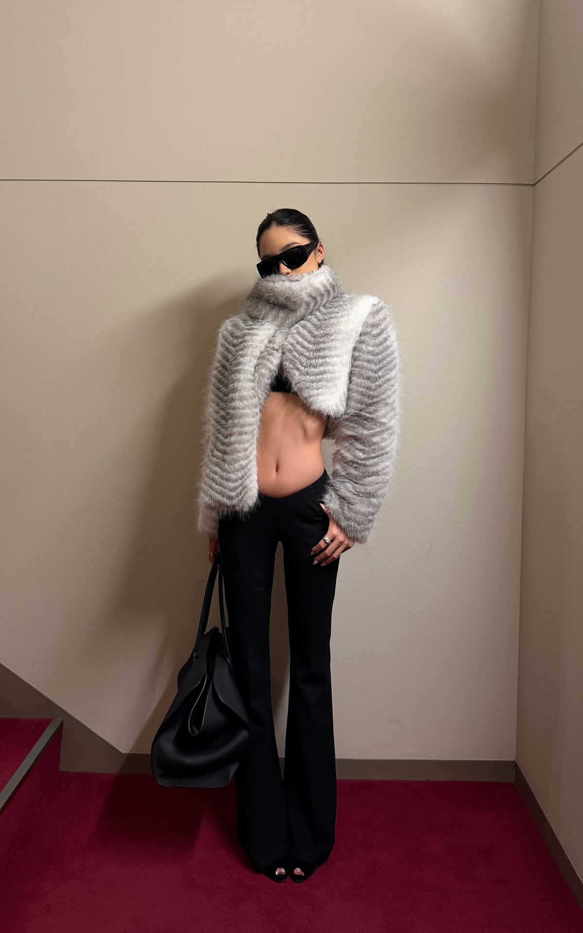 ROVENTE Plush Striped Cropped Bolero Jacket with Curved Front &amp; Long Sleeves