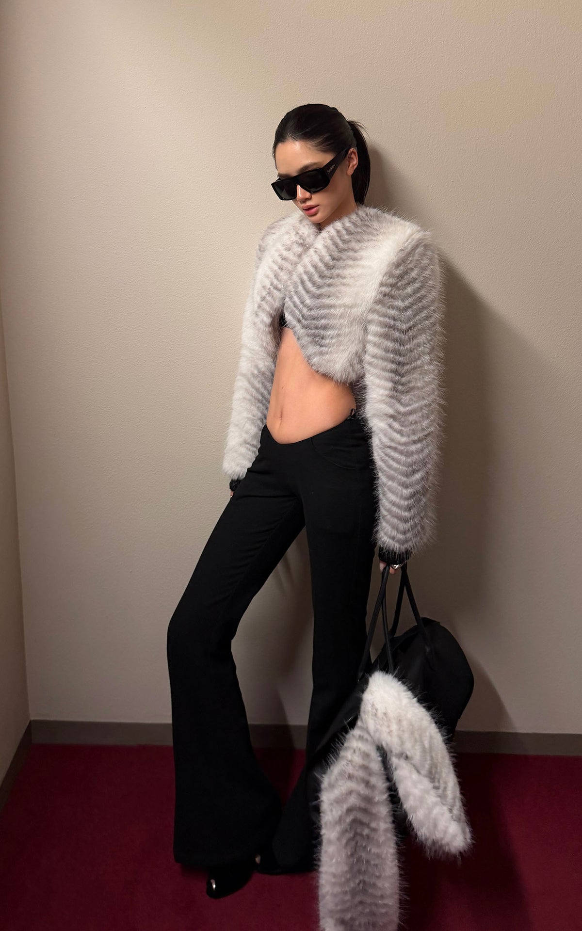 ROVENTE Plush Striped Cropped Bolero Jacket with Curved Front &amp; Long Sleeves