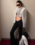 ROVENTE Plush Striped Cropped Bolero Jacket with Curved Front & Long Sleeves