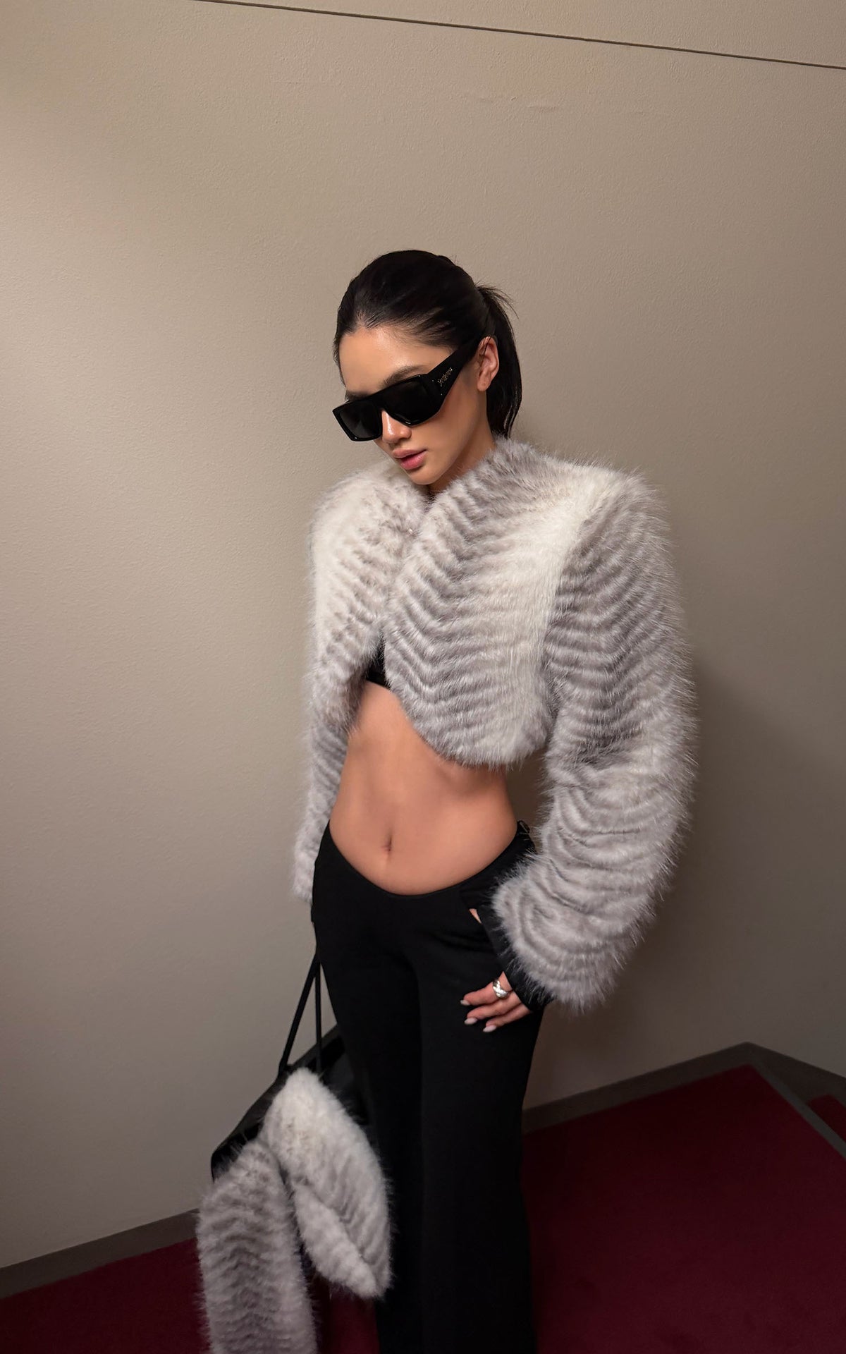 ROVENTE Plush Striped Cropped Bolero Jacket with Curved Front &amp; Long Sleeves