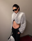 ROVENTE Plush Striped Cropped Bolero Jacket with Curved Front & Long Sleeves