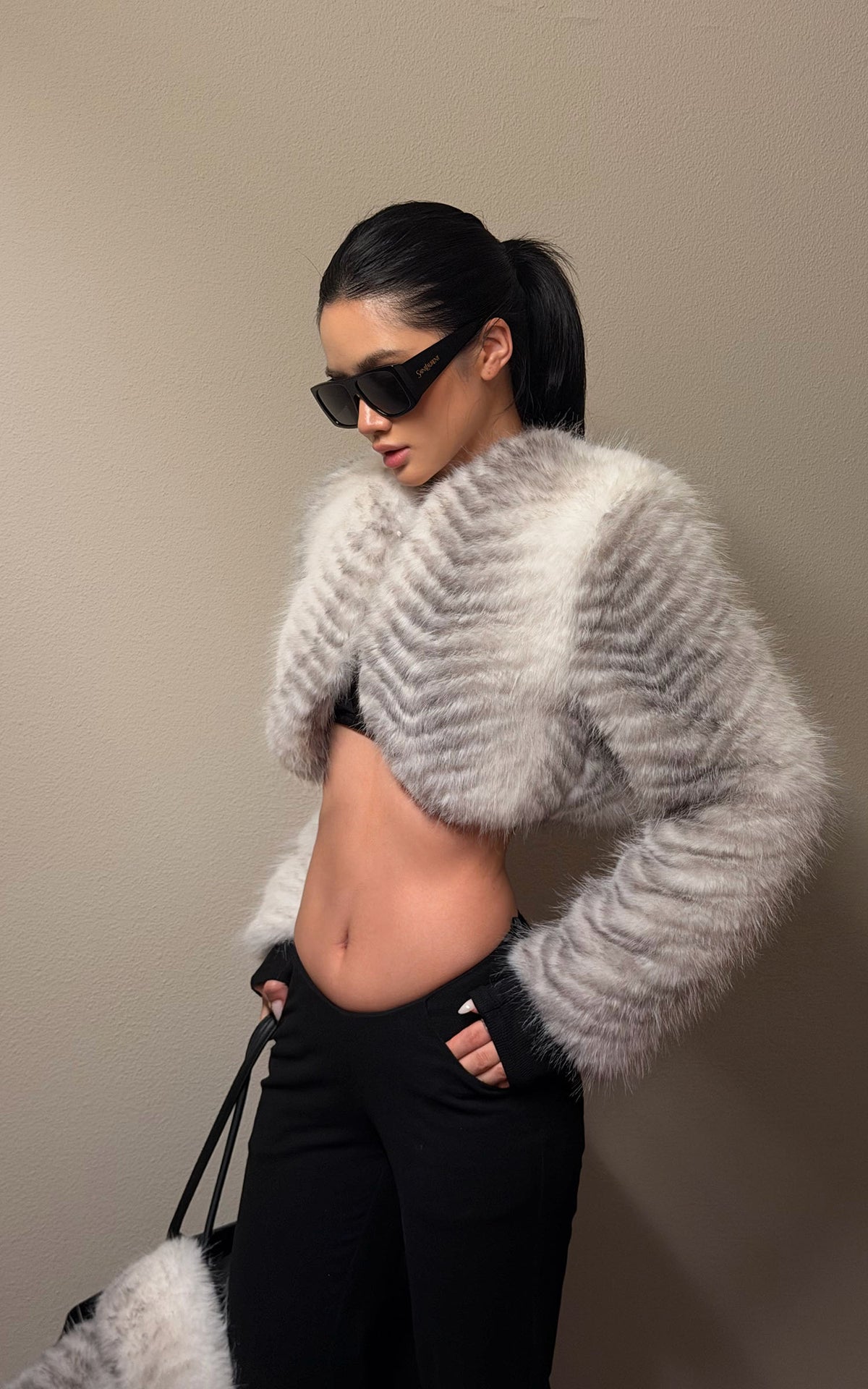ROVENTE Plush Striped Cropped Bolero Jacket with Curved Front &amp; Long Sleeves