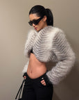 ROVENTE Plush Striped Cropped Bolero Jacket with Curved Front & Long Sleeves