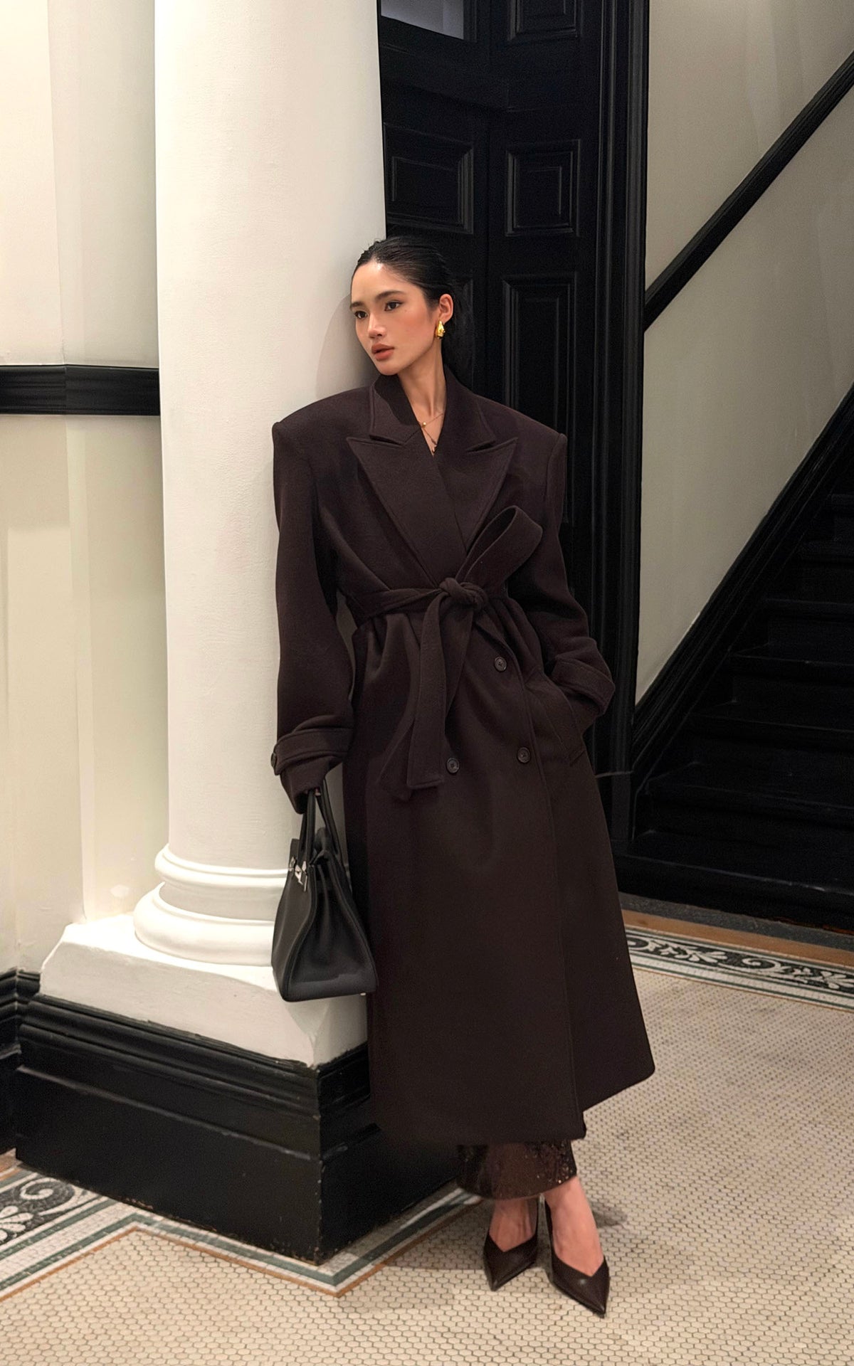 ROVENTE Manteau long maxi à double boutonnage et ceinture en mélange de laine