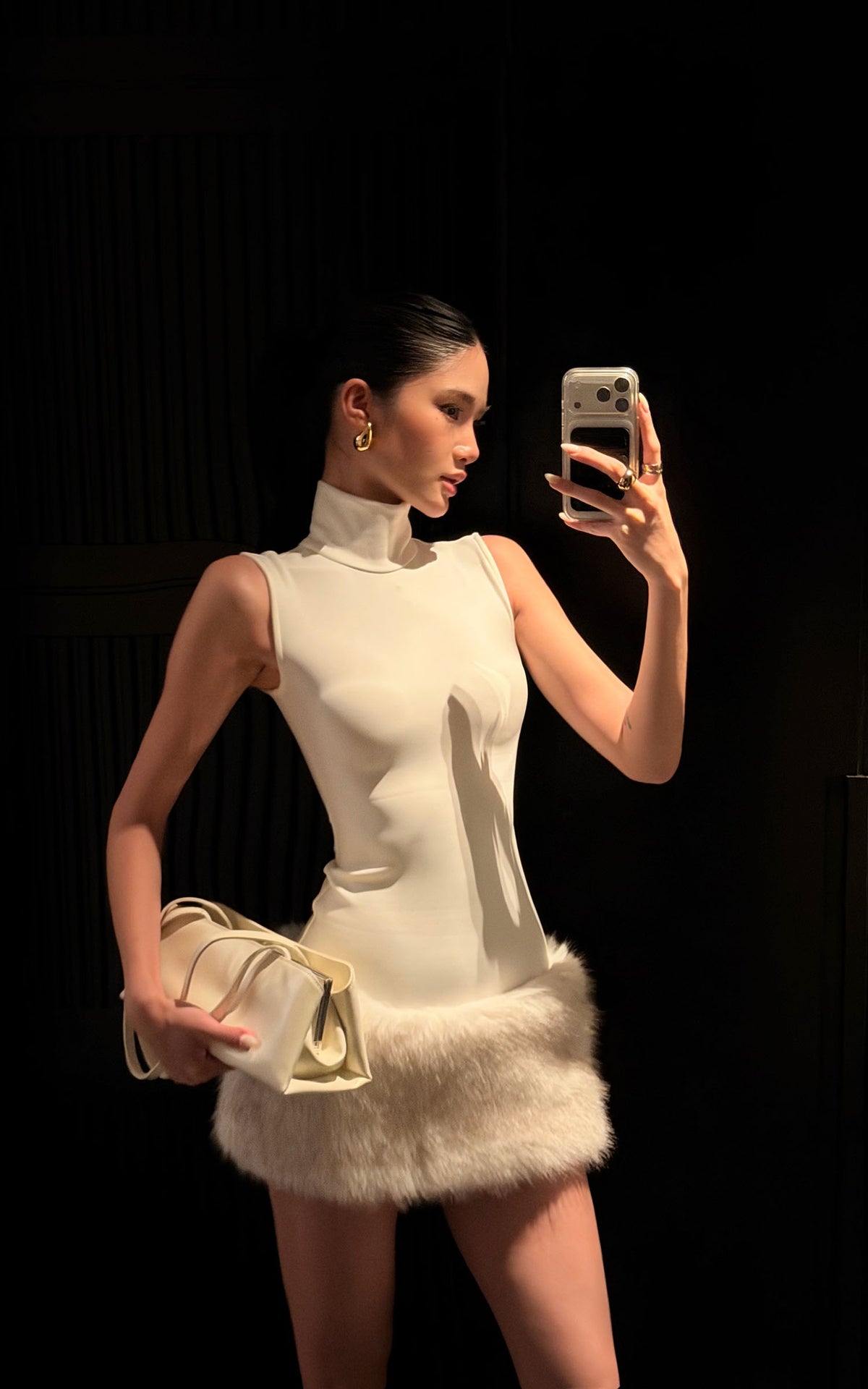 ROVENTE Faux Fur Trim Turtleneck Mini Dress