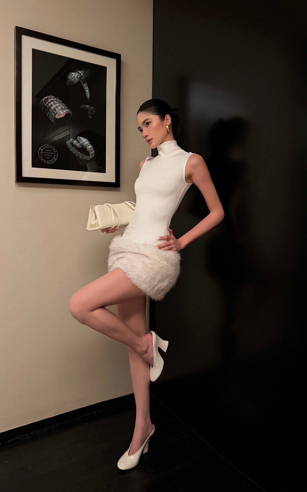 ROVENTE Faux Fur Trim Turtleneck Mini Dress