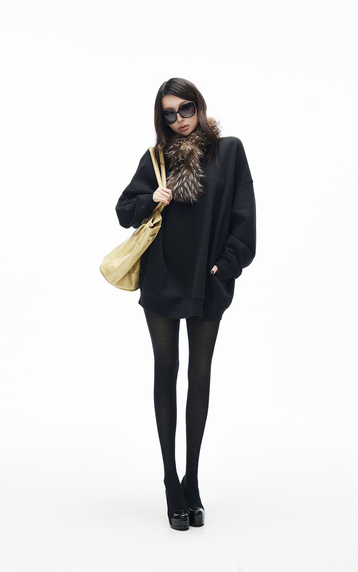 IAMXIAA Ensemble Sweat-shirt Surdimensionné Doublé Polaire &amp; Écharpe en Fausse Fourrure
