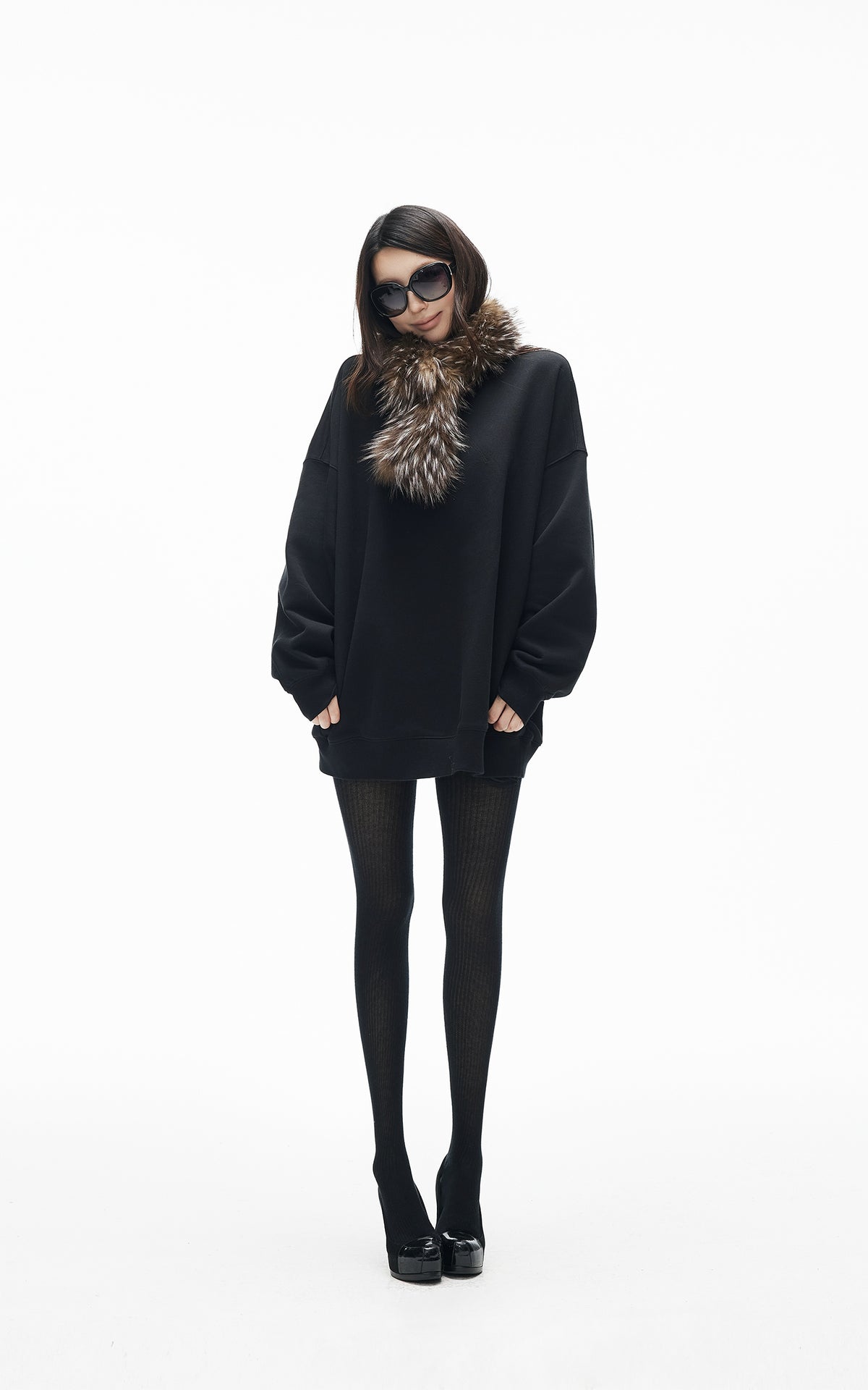 IAMXIAA Ensemble Sweat-shirt Surdimensionné Doublé Polaire &amp; Écharpe en Fausse Fourrure