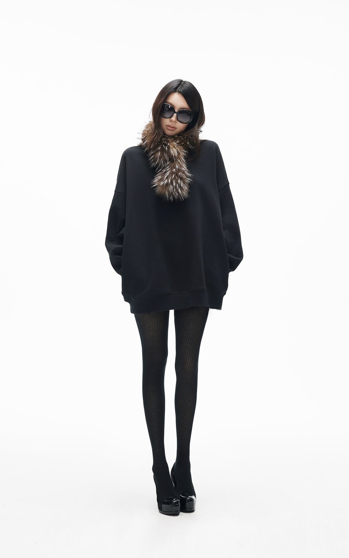 IAMXIAA Ensemble Sweat-shirt Surdimensionné Doublé Polaire &amp; Écharpe en Fausse Fourrure
