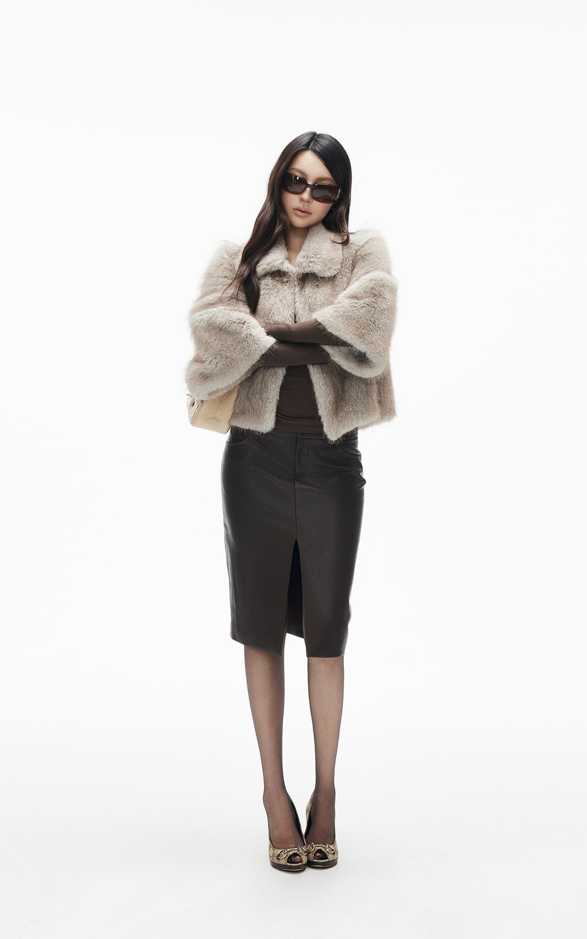 IAMXIAA Jupe midi fendue devant taille haute en similicuir