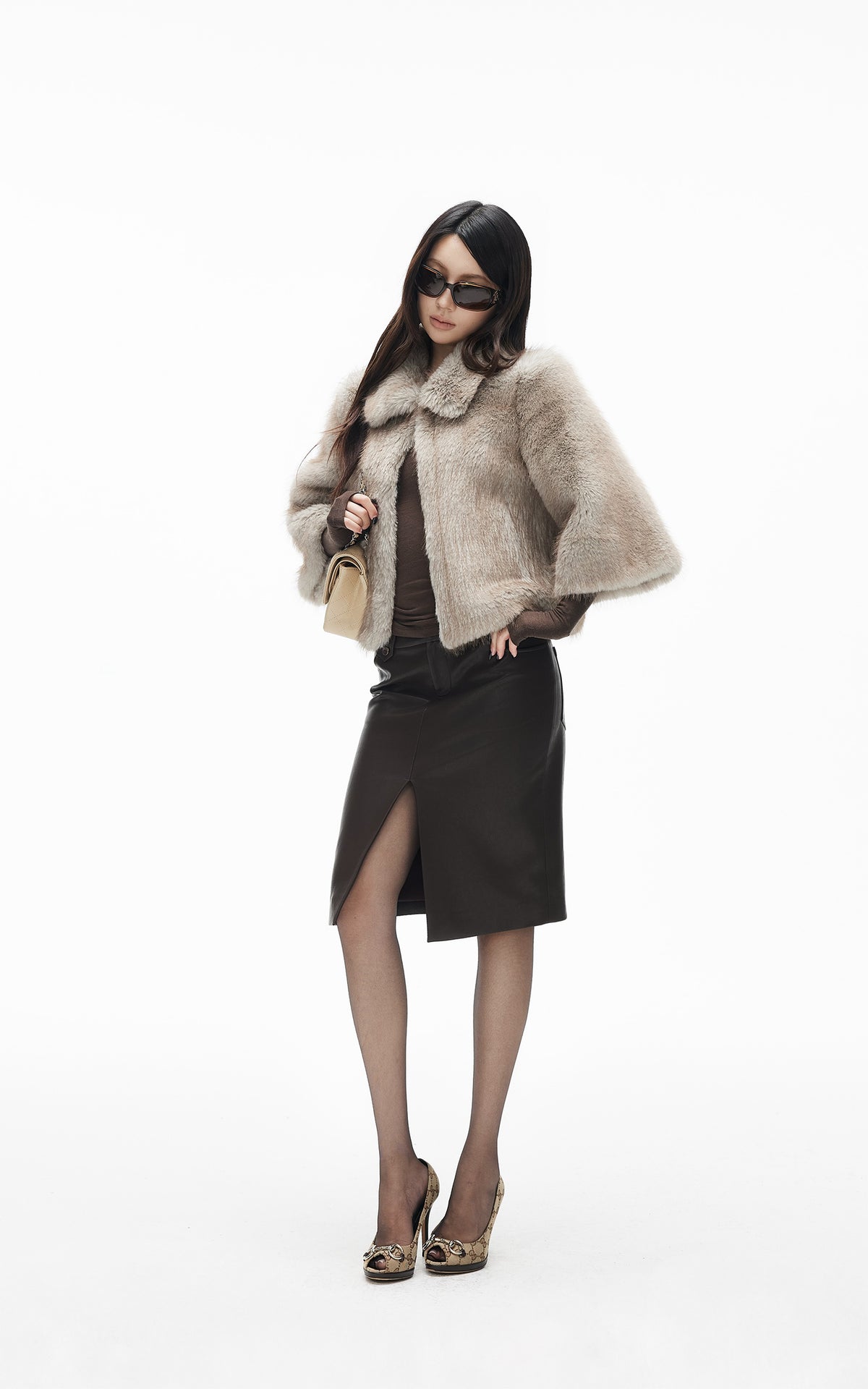 IAMXIAA Jupe midi fendue devant taille haute en similicuir