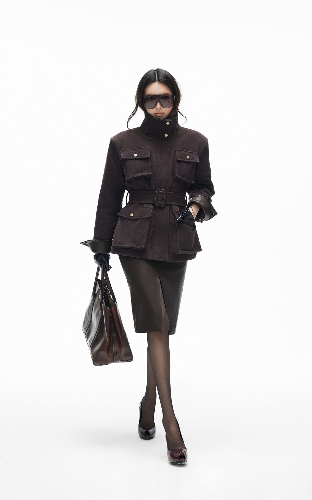 IAMXIAA Belted Utility Jacket with Stand Collar and Multi-Pocket Details
