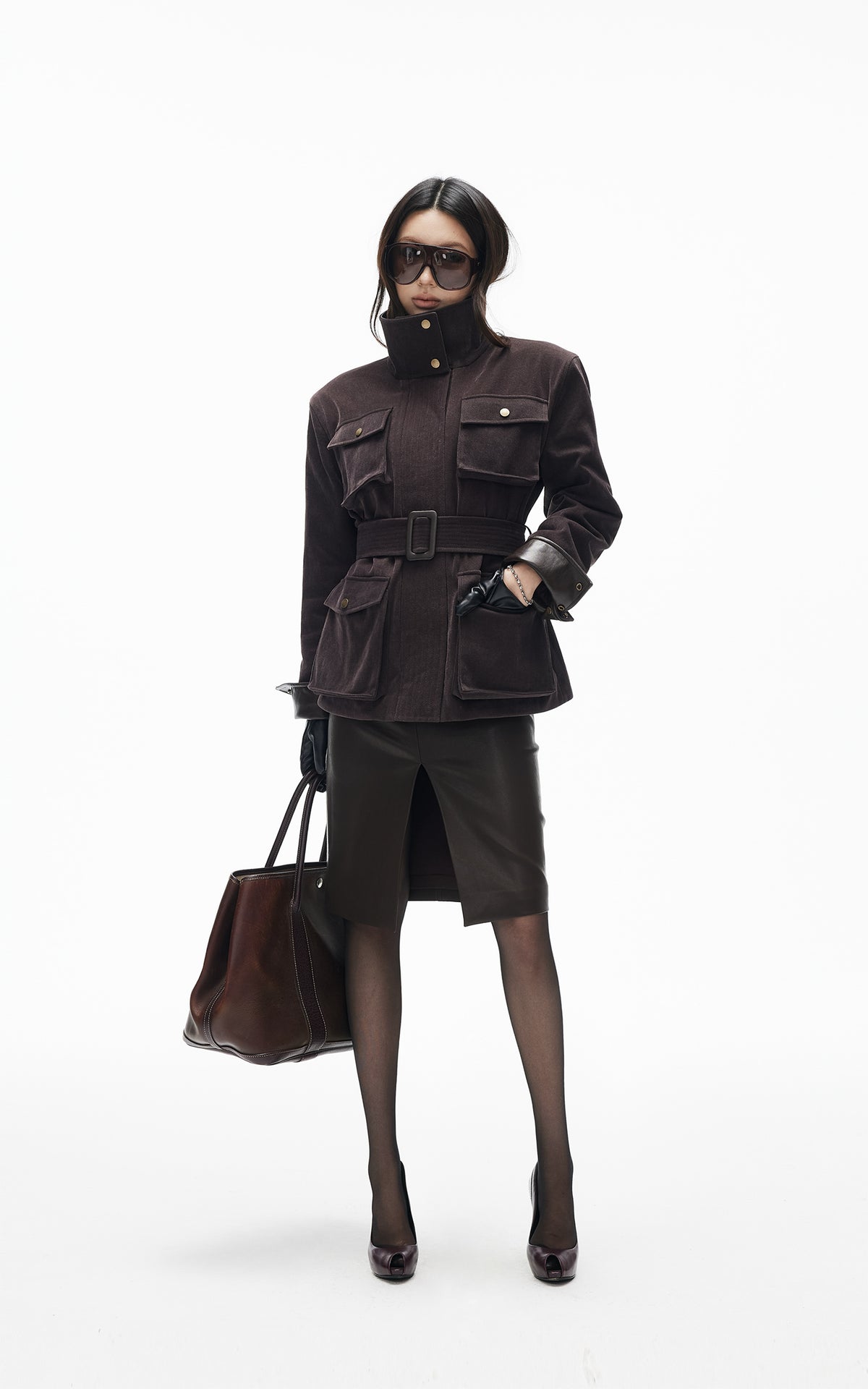 IAMXIAA Belted Utility Jacket with Stand Collar and Multi-Pocket Details