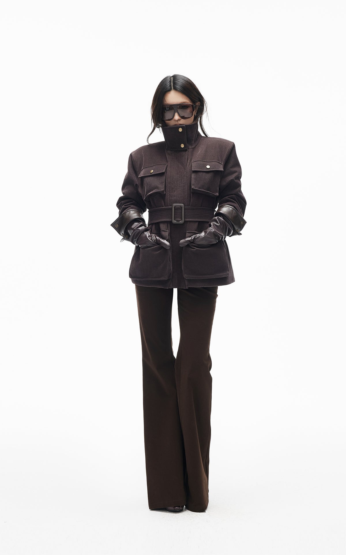 IAMXIAA Belted Utility Jacket with Stand Collar and Multi-Pocket Details