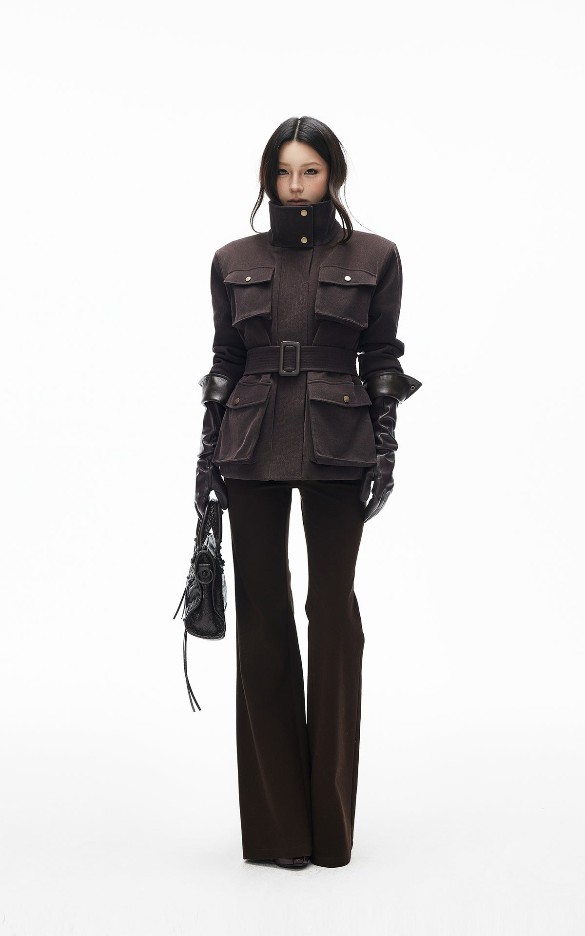 IAMXIAA Pantalon évasé ajusté à taille haute avec double bouton