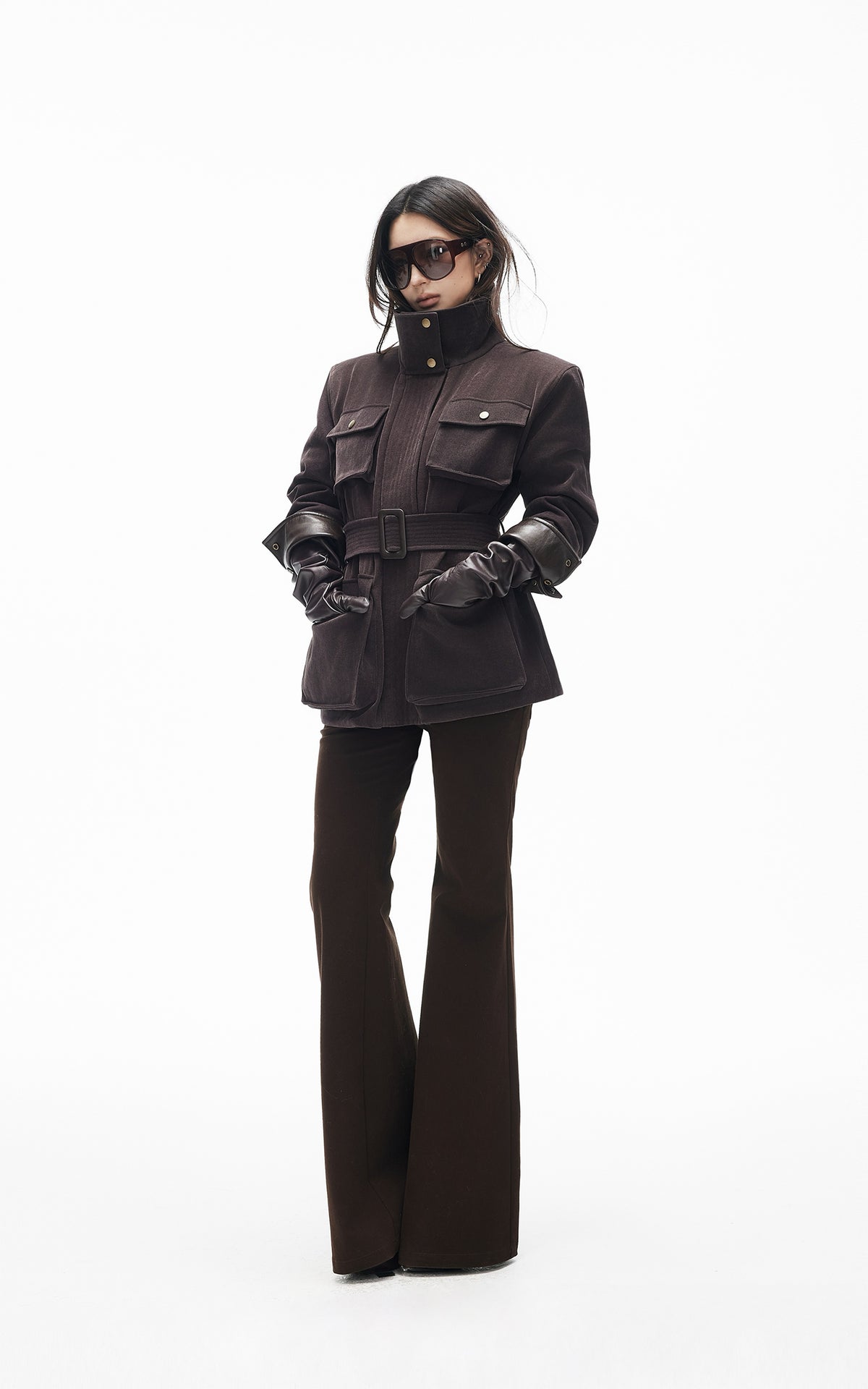 IAMXIAA Pantalon évasé ajusté à taille haute avec double bouton