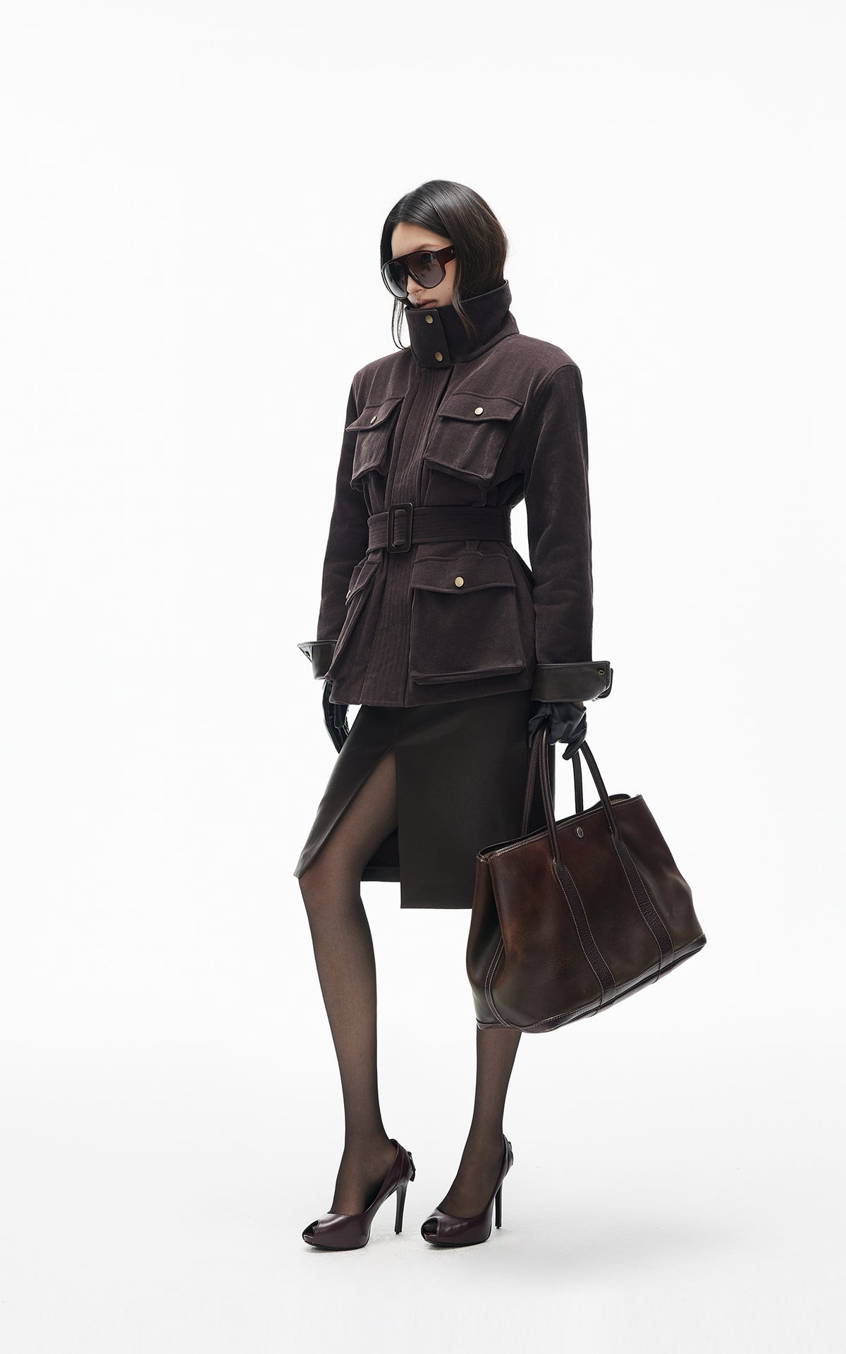 IAMXIAA Belted Utility Jacket with Stand Collar and Multi-Pocket Details