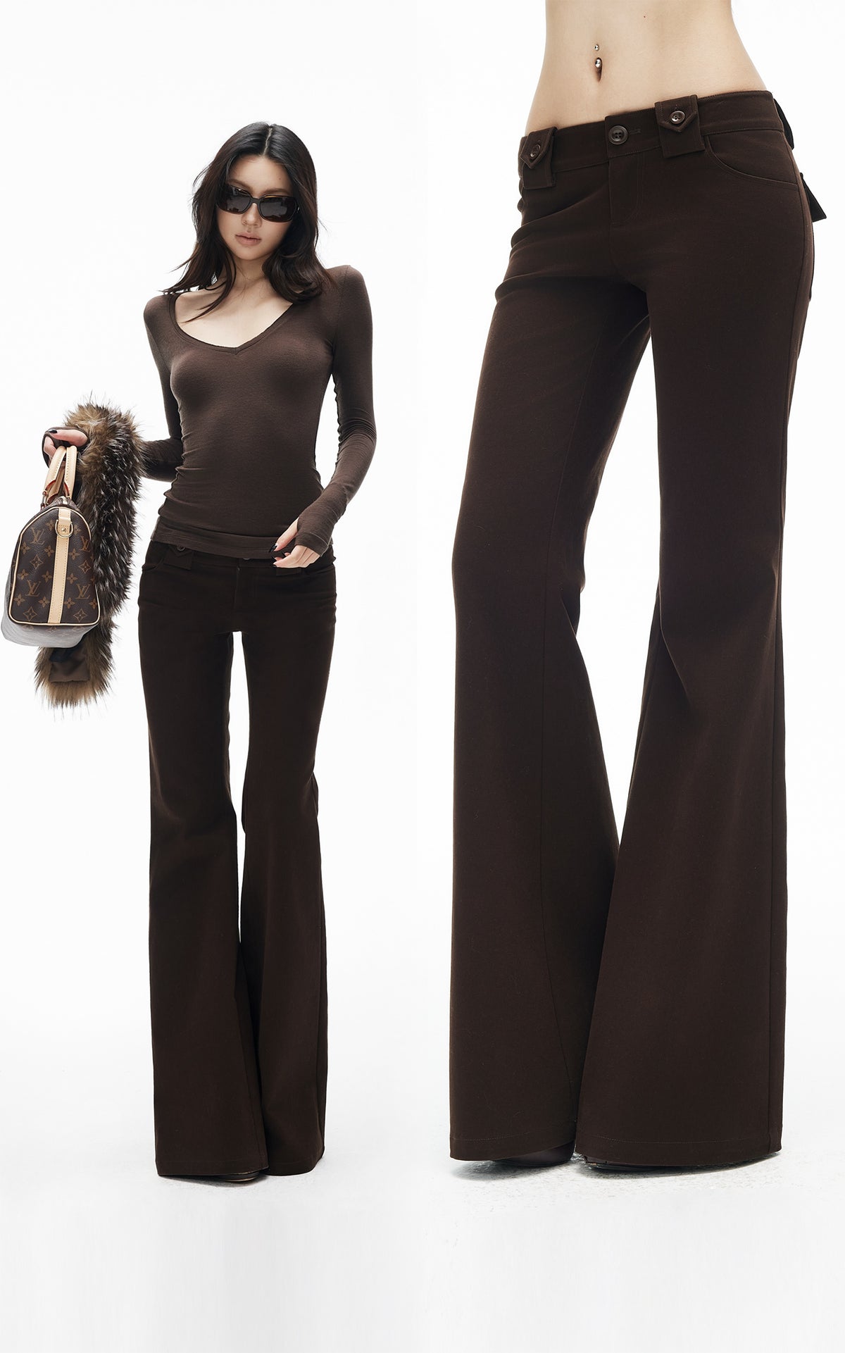 IAMXIAA Pantalon évasé ajusté à taille haute avec double bouton
