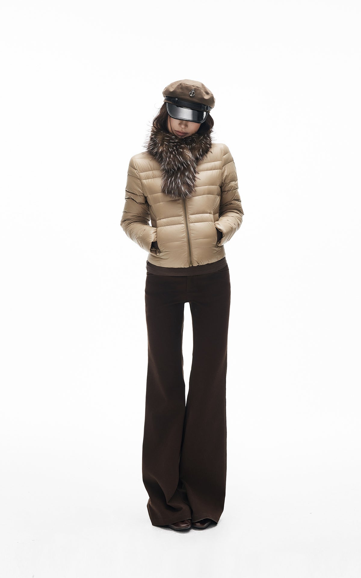 IAMXIAA Pantalon évasé ajusté à taille haute avec double bouton