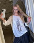 0122stepll Distorted Graphic Off-Shoulder Oversized Long Sleeve Top