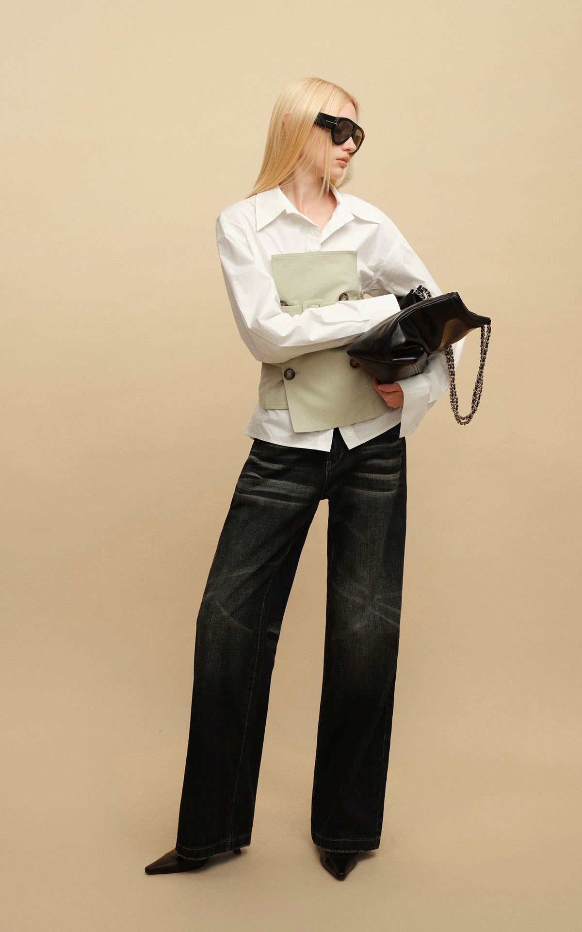 0122stepll Belted Bustier Vest &amp; Relaxed Shirt Set