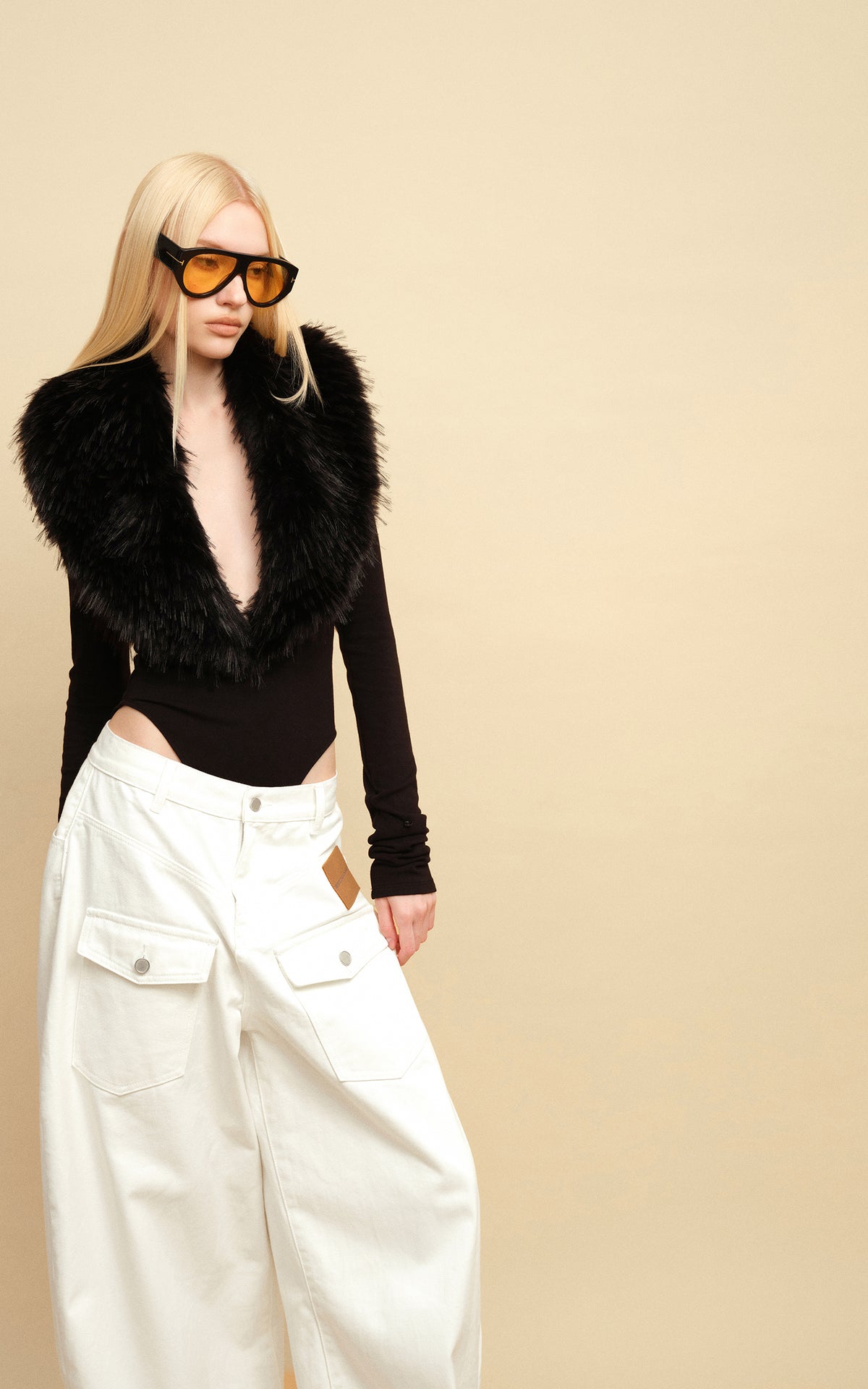 0122stepll Faux Fur Collar Plunge Bodysuit
