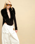 0122stepll Faux Fur Collar Plunge Bodysuit