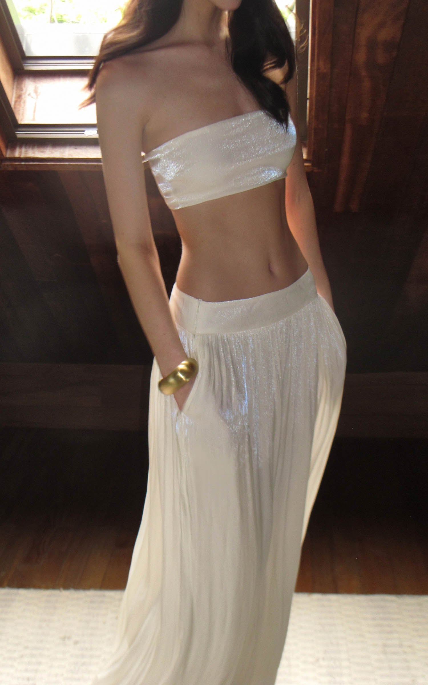 0122stepll Strapless Bandeau Top &amp; Low-Rise Balloon Pants Set