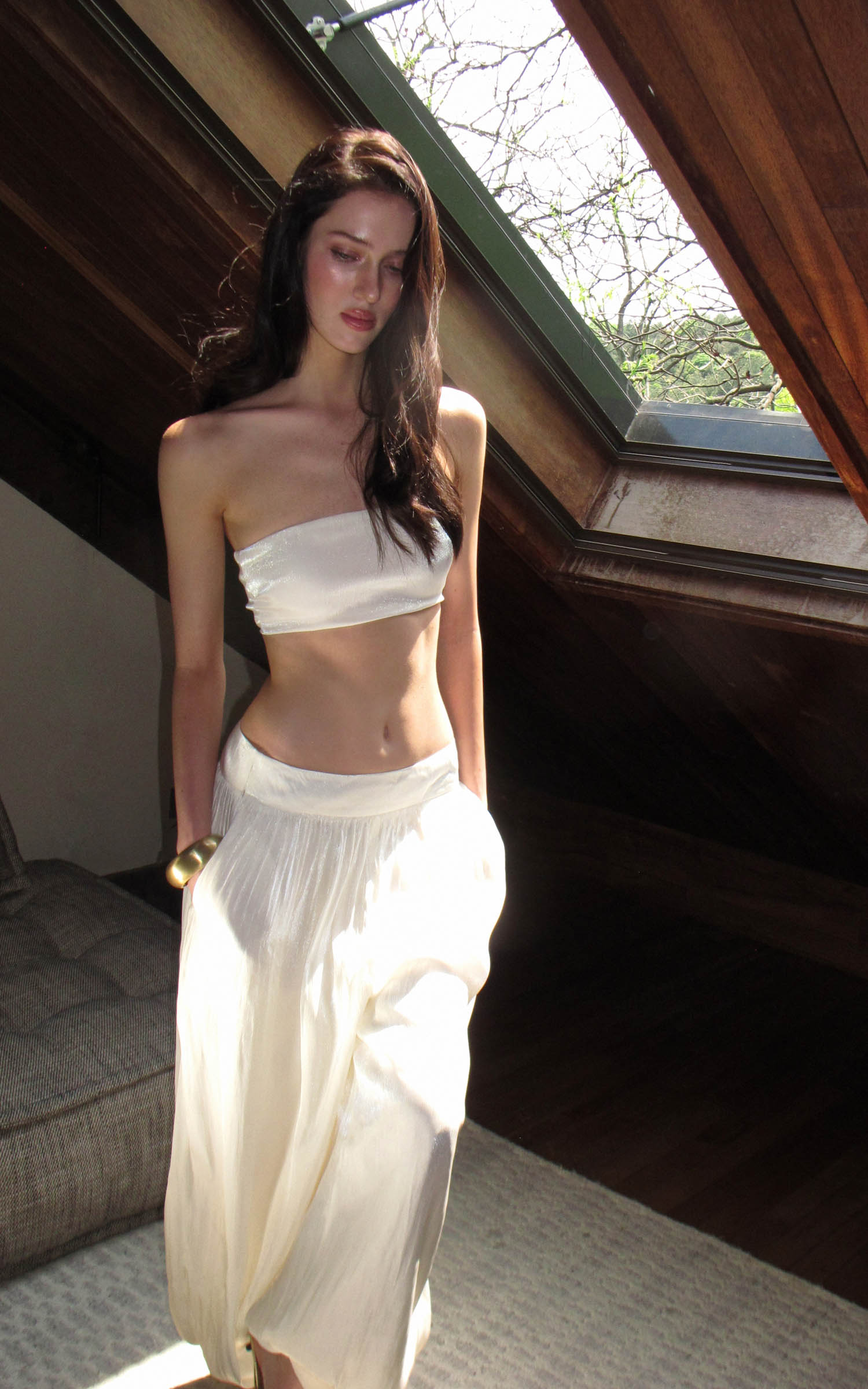 0122stepll Strapless Bandeau Top &amp; Low-Rise Balloon Pants Set