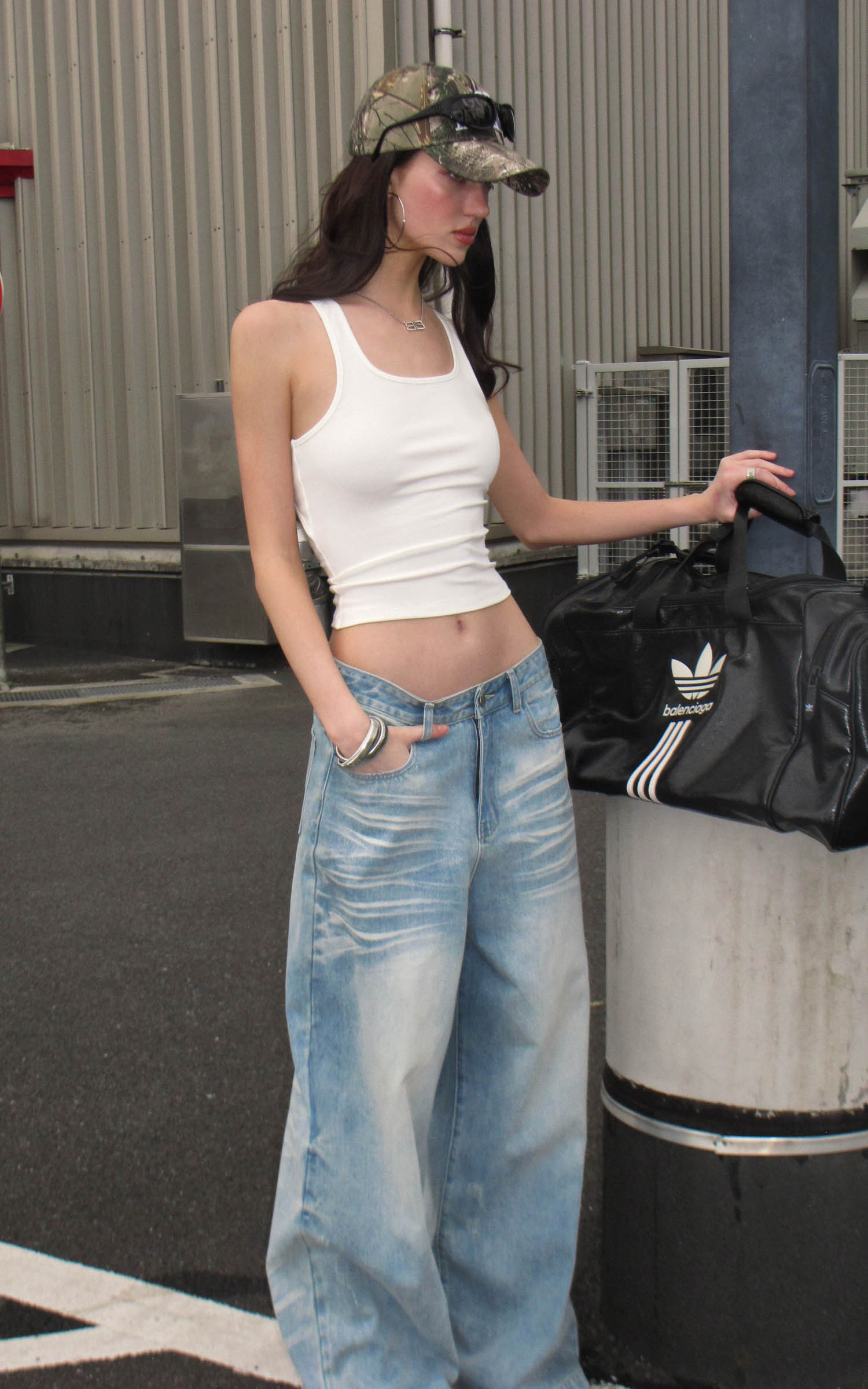 0122stepll Vintage Wash Wide-Leg Denim Pants