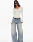 0122stepll Scoop Neck Button-Front Slim-Fit Long Sleeve T-Shirt