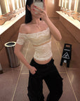 ROVENTE Off Shoulder Sheer Lace Fitted Top