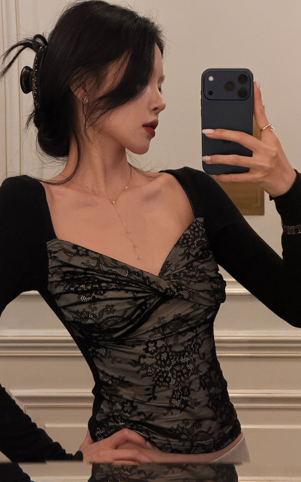 Hydrae Lace Contrast Ruched Bust Long Sleeve Top With Sheer Floral Texture