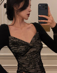 Hydrae Lace Contrast Ruched Bust Long Sleeve Top With Sheer Floral Texture