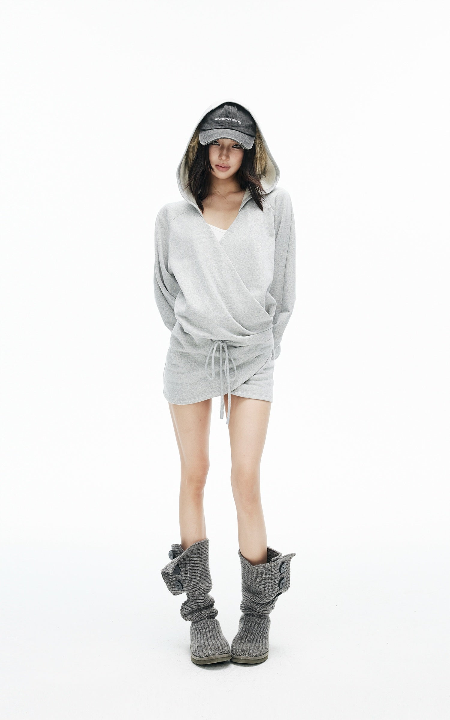 IAMXIAA Wrap Drawstring Hooded Long Sleeve Top