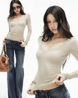 IAMXIAA Lace-Trim Scoop Neck Fitted Long Sleeve Top