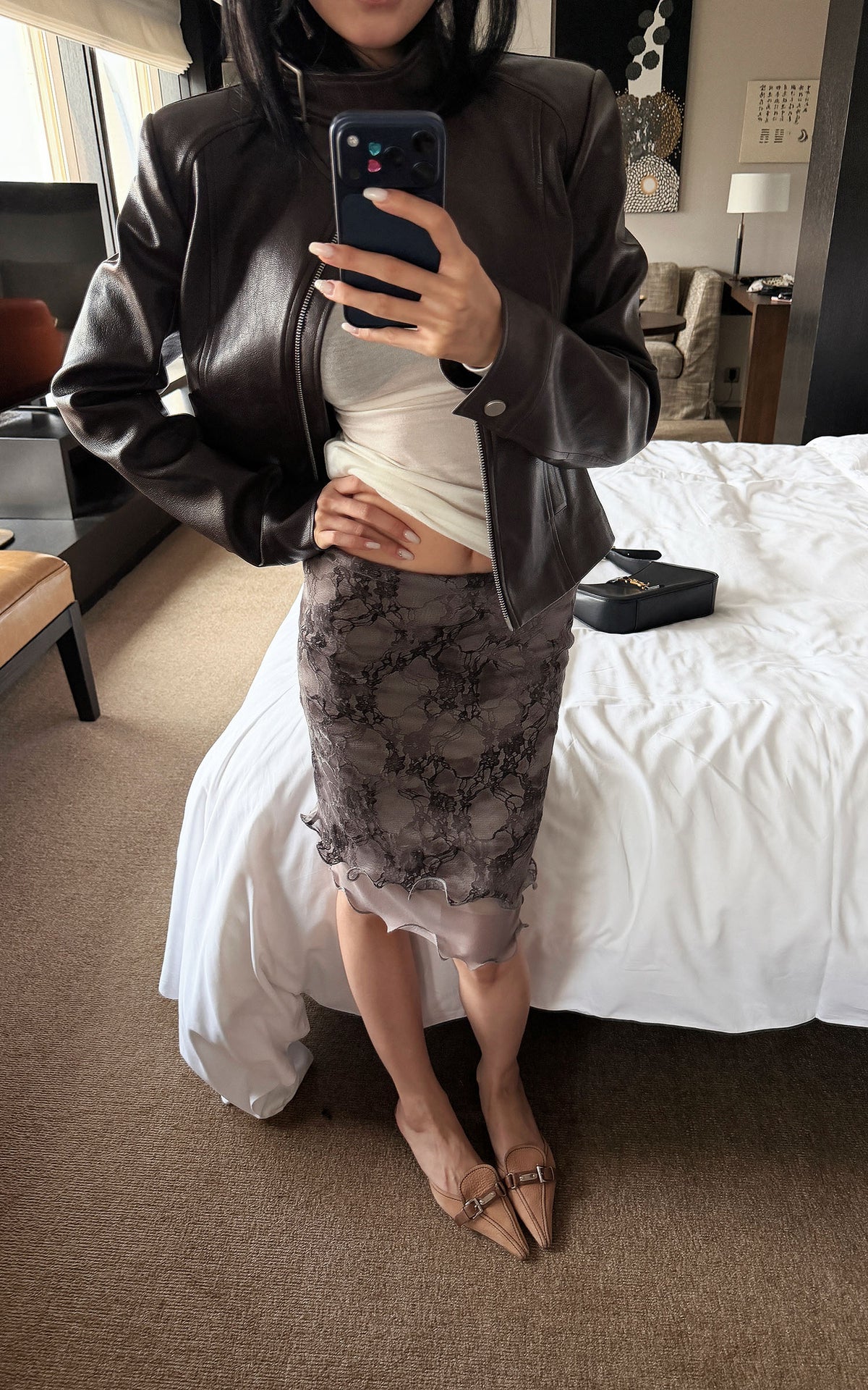 Hydrae Buckle Collar Moto Jacket &amp; Layered Lace Skirt Set
