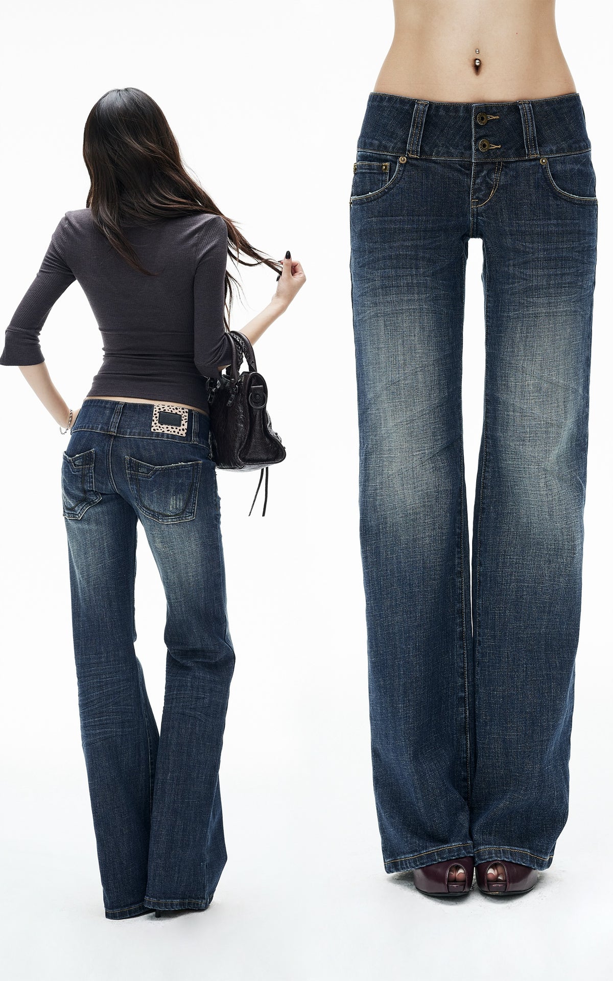 IAMXIAA Low-Rise Vintage Washed Wide-Leg Flared Jeans