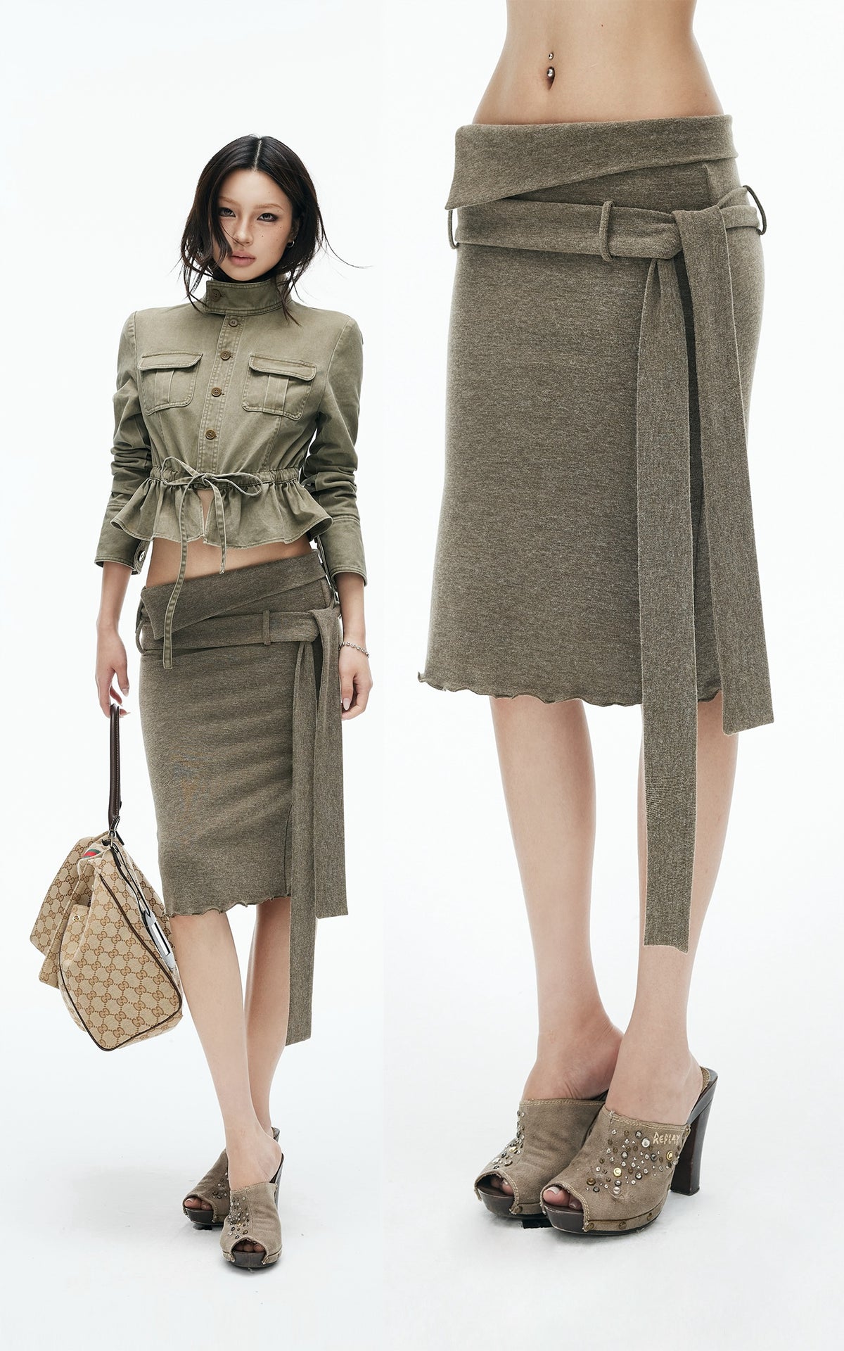 IAMXIAA Foldover Waist Tie-Detail Knit Midi Skirt