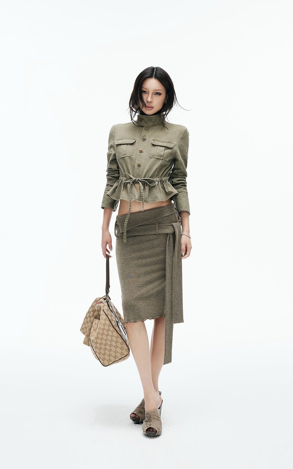 IAMXIAA Utility Peplum Jacket &amp; Draped Midi Skirt Two-Piece Set