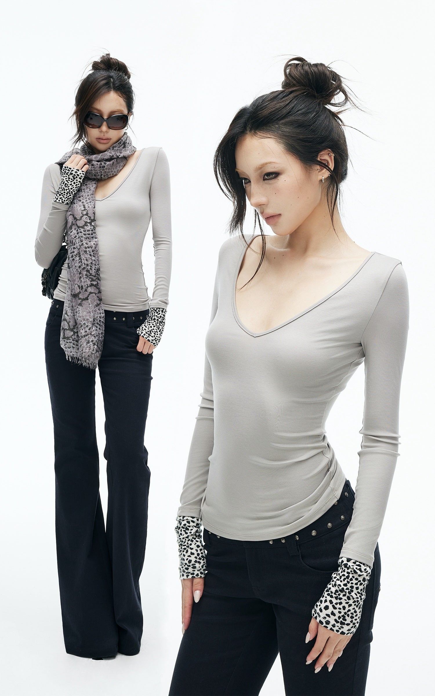 IAMXIAA Leopard Cuff Deep V-Neck Fitted Long Sleeve Top