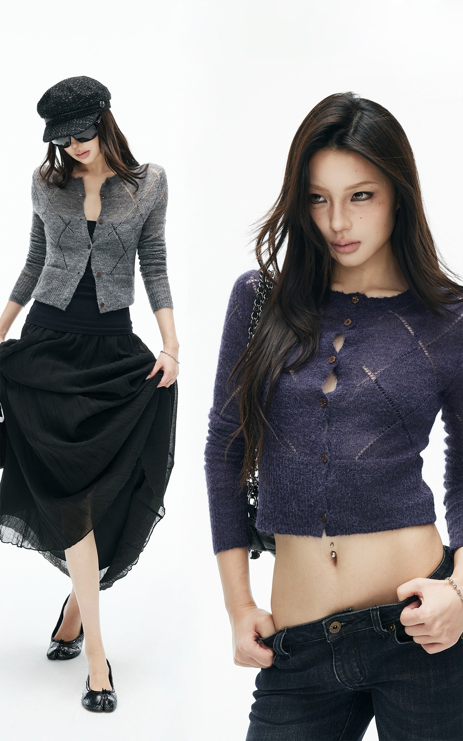 IAMXIAA Sheer Argyle Fuzzy Knit Cardigan