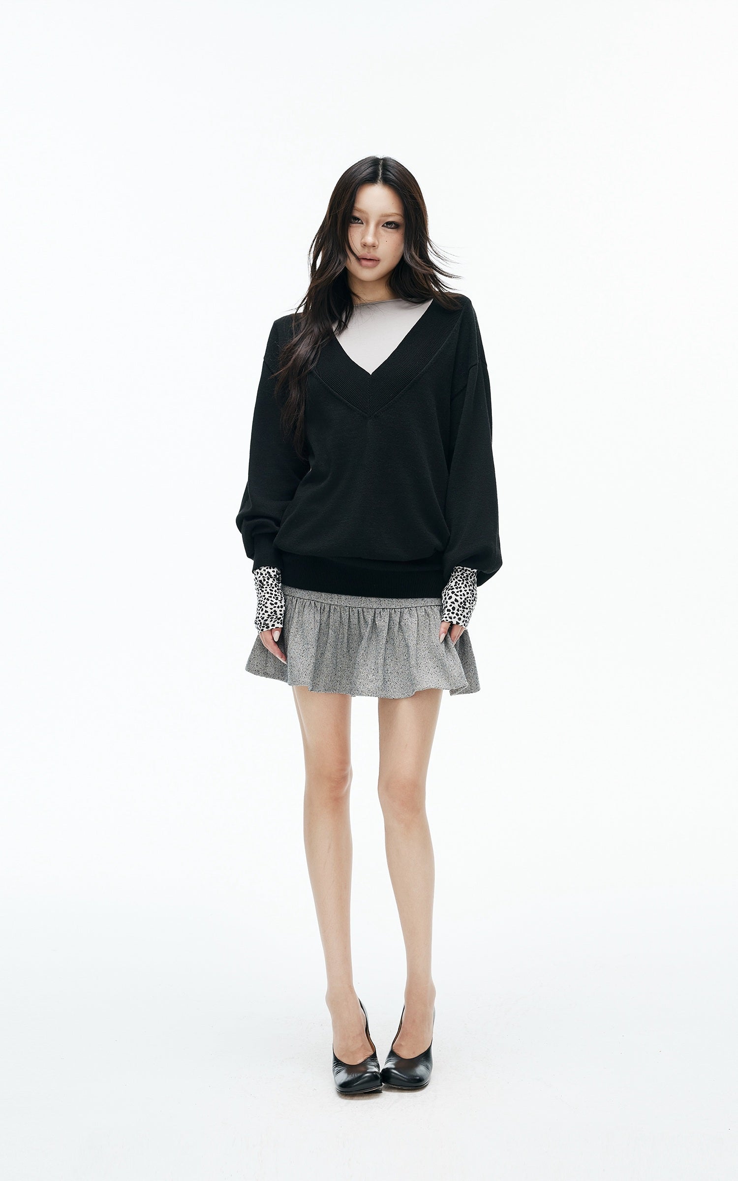 IAMXIAA Low-Rise Heather Grey Drop-Waist Ruffle Mini Skirt