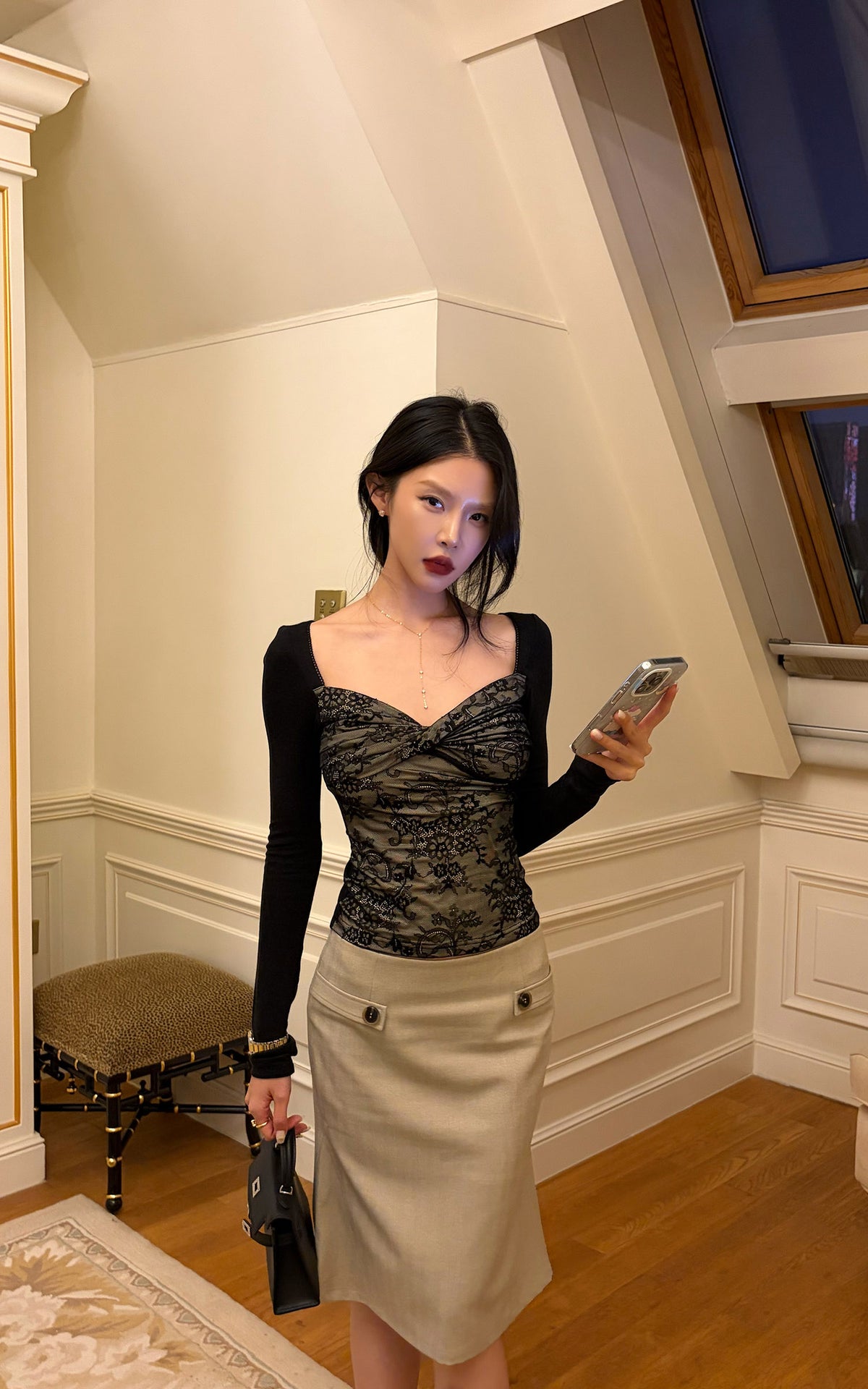 Hydrae Lace Contrast Ruched Bust Long Sleeve Top With Sheer Floral Texture
