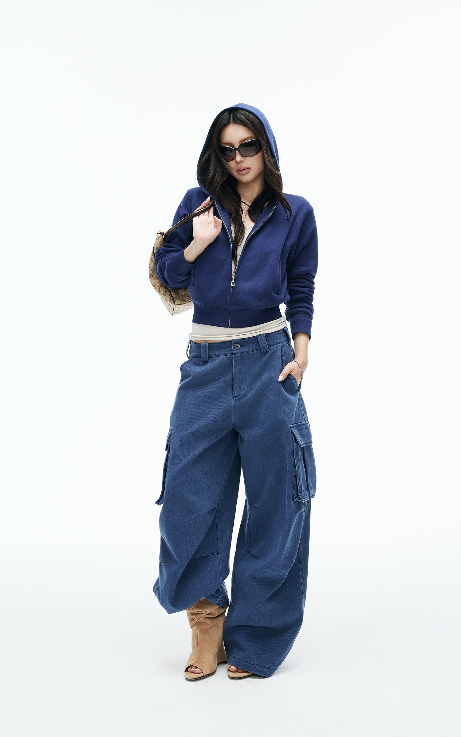 IAMXIAA Vintage Blue Cropped Zip-Up Hoodie